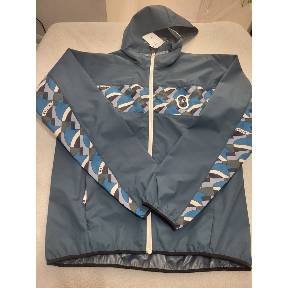 Coach Packable Lightweight Jacket Blue Geometric Pattern HoodedLuxury Sport S